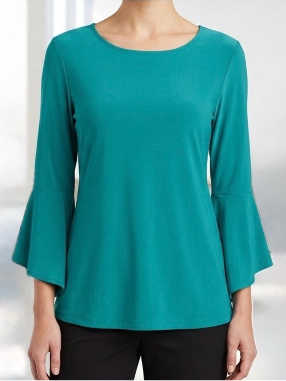 Women With Control Top Tunic Flounce Bell-Sleeve Teal Turquoise Large Petite LP